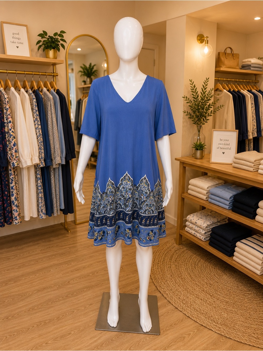 J. Jill Blue V-Neck Midi Dress with Paisley Border